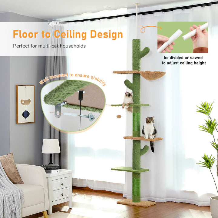 Cat tree with multiple levels in a room setting, featuring text on design and assembly.