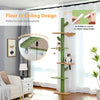 Cat tree with multiple levels in a room setting, featuring text on design and assembly.