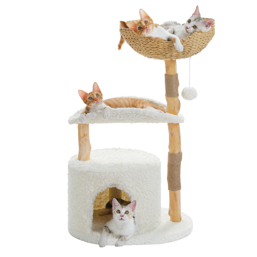 Natural Wood & Rattan Cat Tree Tower with Plush Condo and Curved Perch – Modern Cat Furniture Canada | Catopia Co.