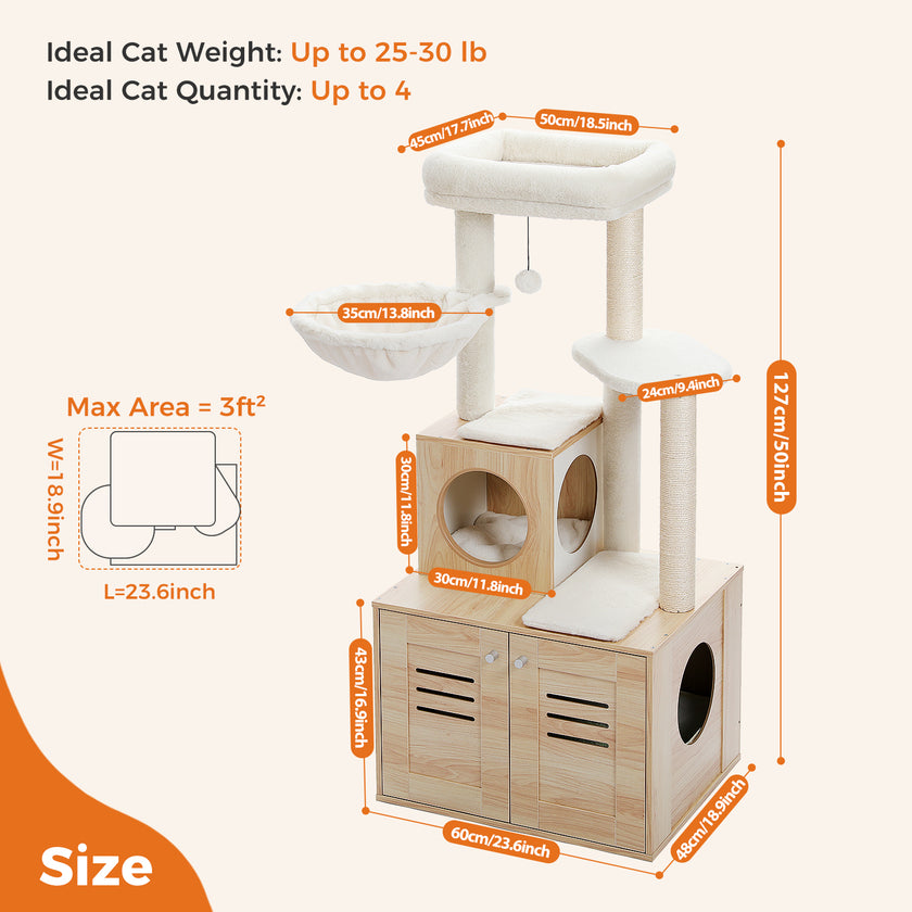 Modern Wooden Cat Tree Tower with Storage Base, Hammock & Dual Condos – Luxury Cat Furniture Canada