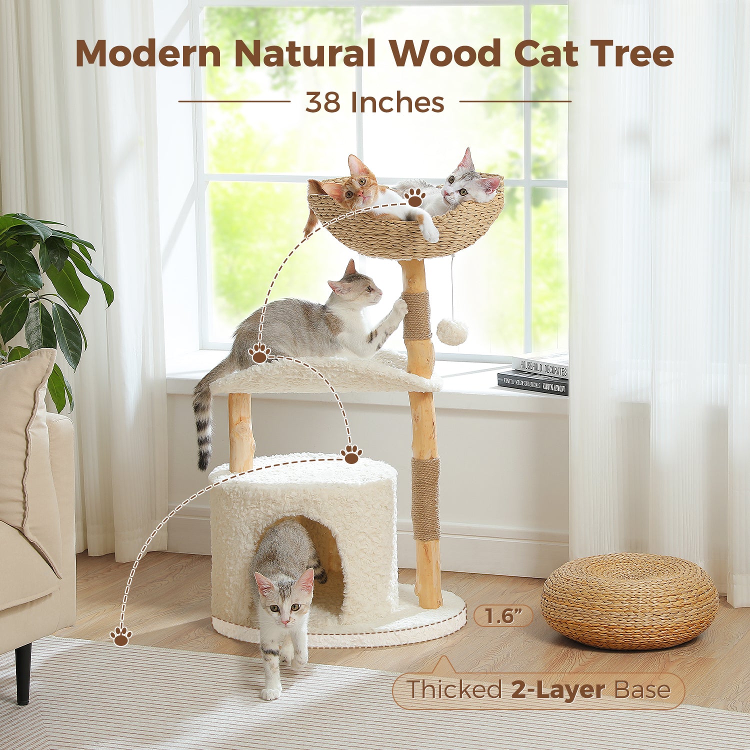Natural Wood & Rattan Cat Tree Tower with Plush Condo and Curved Perch – Modern Cat Furniture Canada | Catopia Co.
