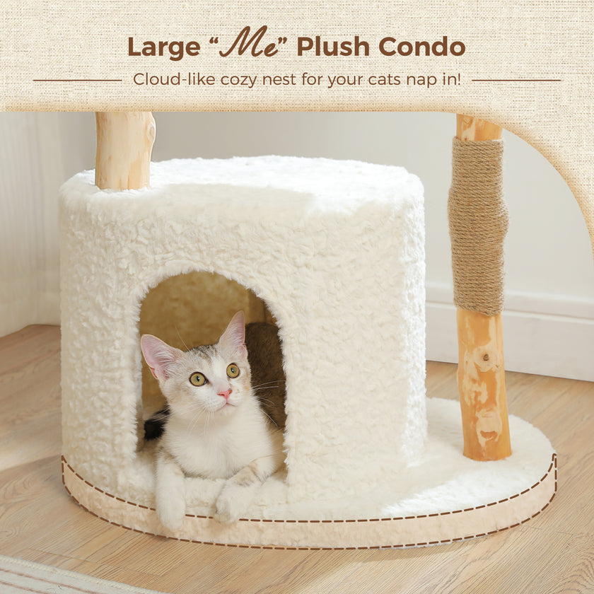 Natural Wood & Rattan Cat Tree Tower with Plush Condo and Curved Perch – Modern Cat Furniture Canada | Catopia Co.
