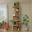 Tall treehouse cat tower with multiple condos, hammock and plush green platforms