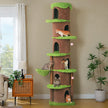 Floor-to-ceiling six-level cat tree with cats climbing and resting in condos