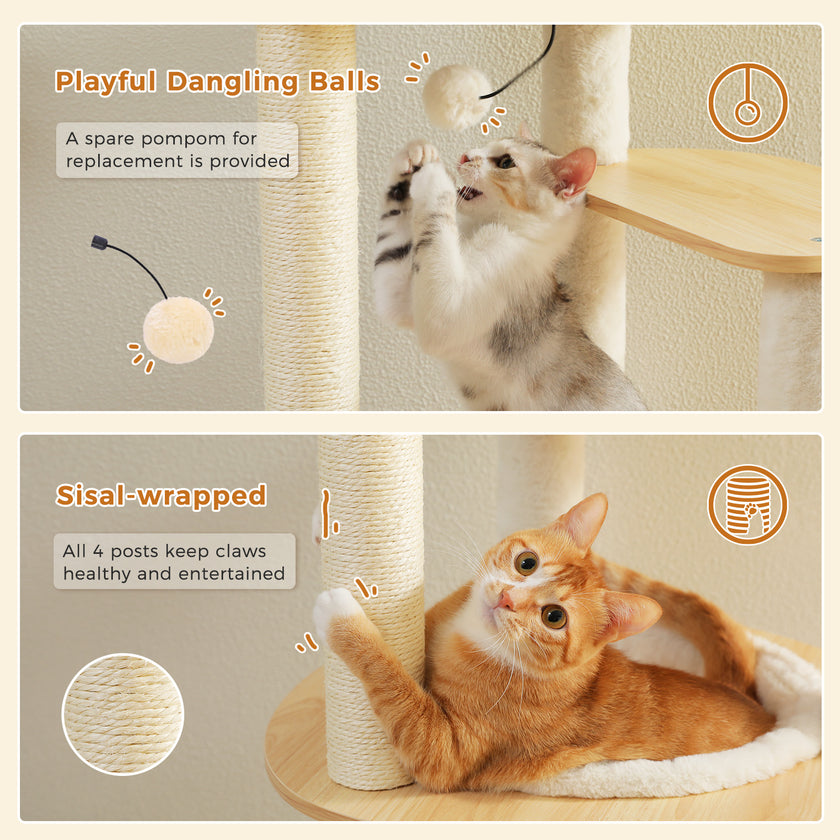 Cats playing with hanging pom-pom toys and scratching the sisal-wrapped posts on a beige cat tree