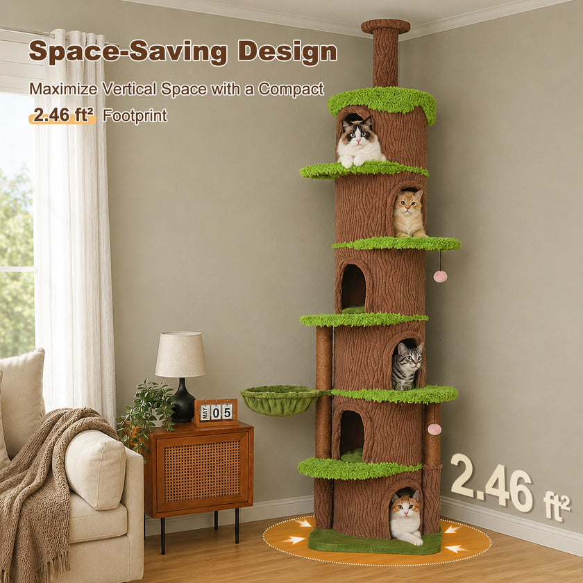 Space-saving floor-to-ceiling cat tree with compact 23.5-inch square base