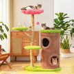 136 cm flower cat tree with a two-storey condo, green platforms, pink flower perch, natural wood post, sisal scratching area, and cats relaxing in a bright living room