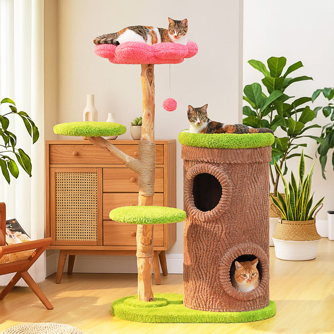 136 cm flower cat tree with a two-storey condo, green platforms, pink flower perch, natural wood post, sisal scratching area, and cats relaxing in a bright living room