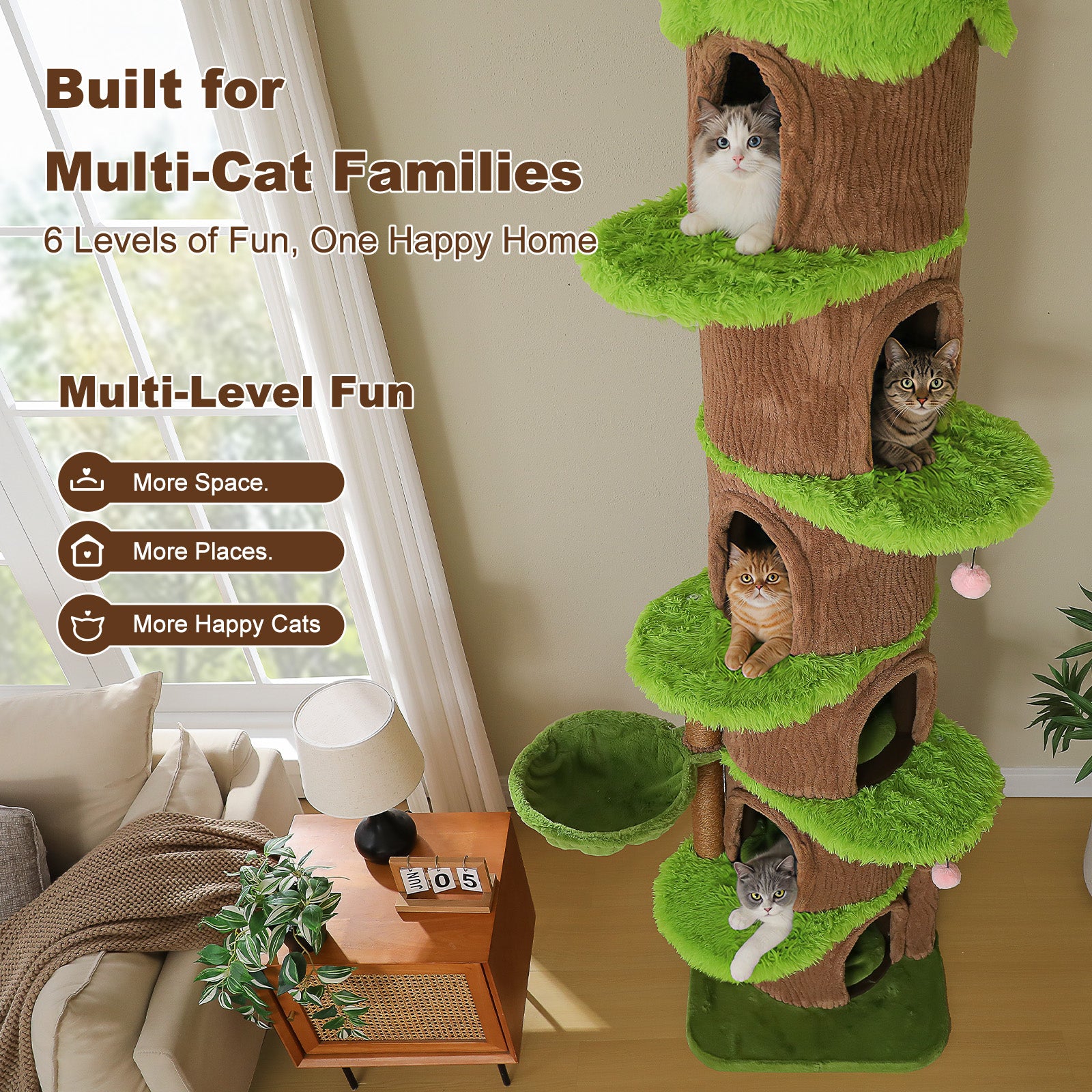 Six-level floor-to-ceiling cat tree with enclosed condos for multi-cat homes