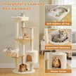 Layered resting spaces on a beige cat tree, including soft top perch, suspended hammock, lower hammock, and private condo
