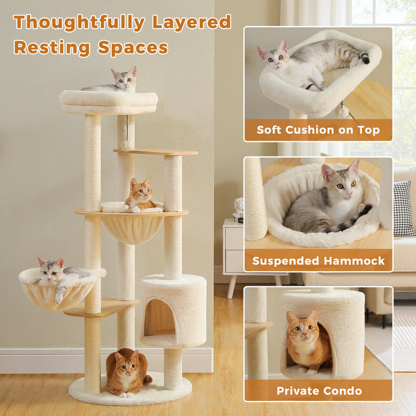 Layered resting spaces on a beige cat tree, including soft top perch, suspended hammock, lower hammock, and private condo