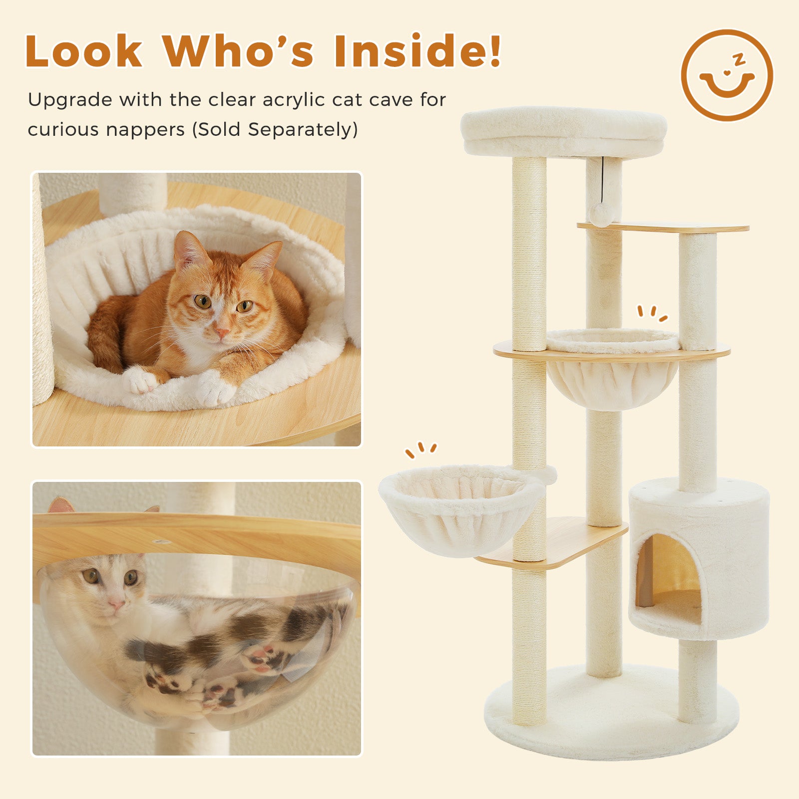 Optional clear acrylic cat cave accessory shown with a beige cat tree, sold separately