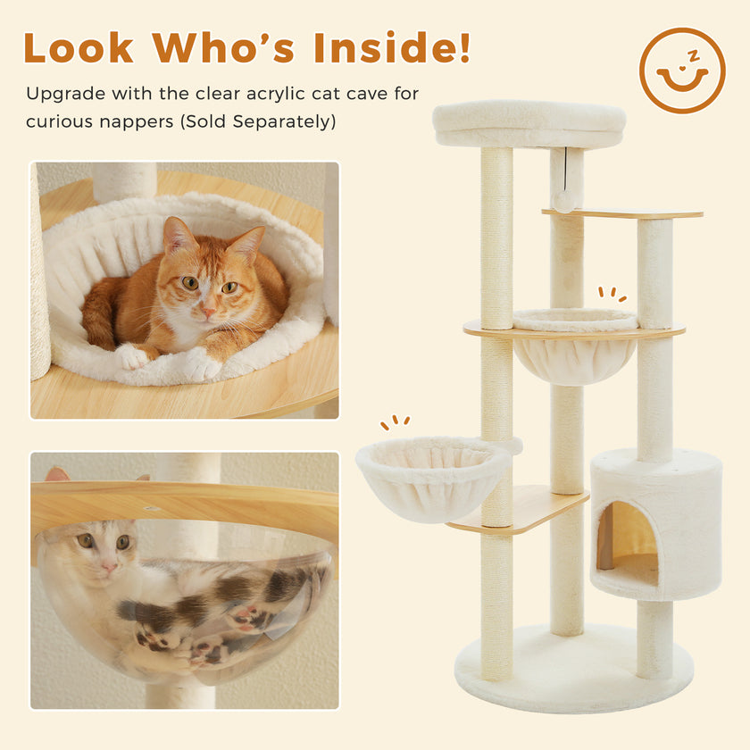 Optional clear acrylic cat cave accessory shown with a beige cat tree, sold separately