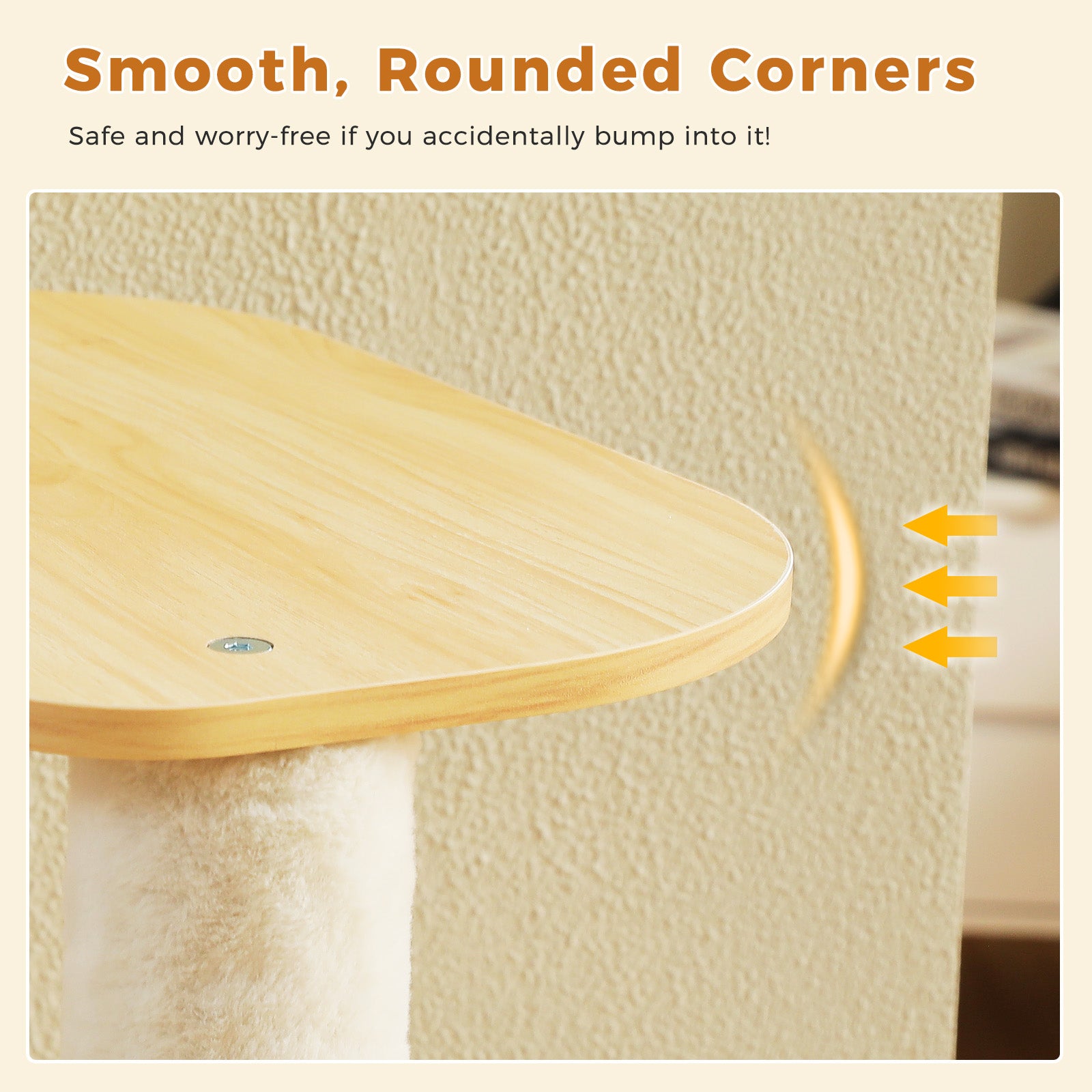 Close-up of smooth rounded natural wood platform corners on a beige multi-level cat tree