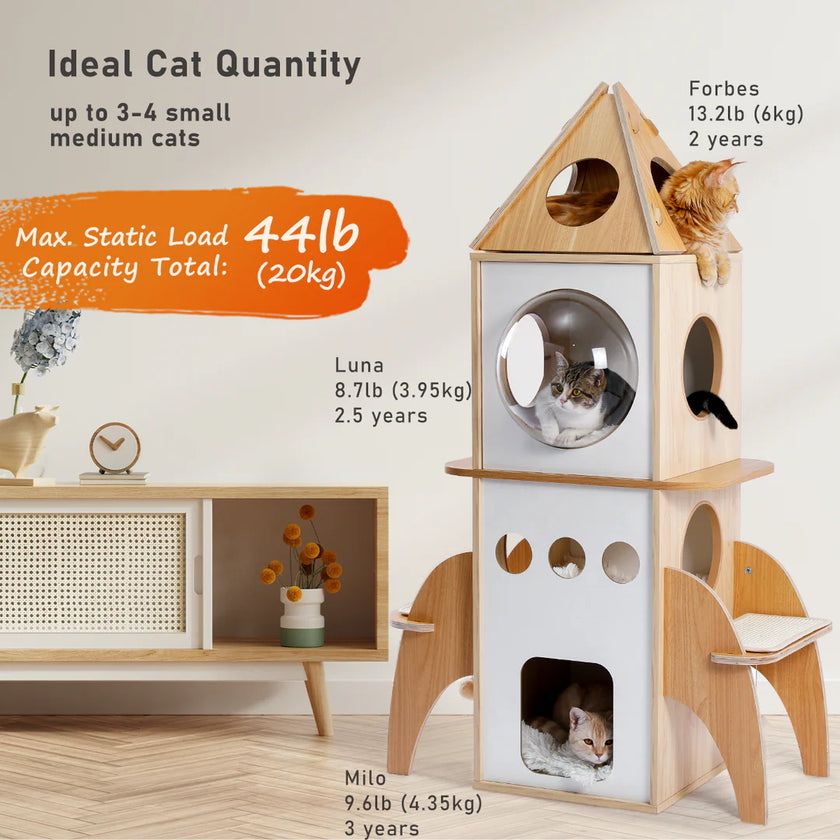 Wooden cat tree with cats on different levels, showing capacity and weight information.