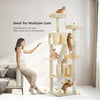 Interactive scene showing cats exploring a 180cm tall Catopia Co. cream modern cat tree with plush beds, scratching posts, and a cat hammock. Designed for 4–5 cats. Canadian local brand, shipping only within Canada.