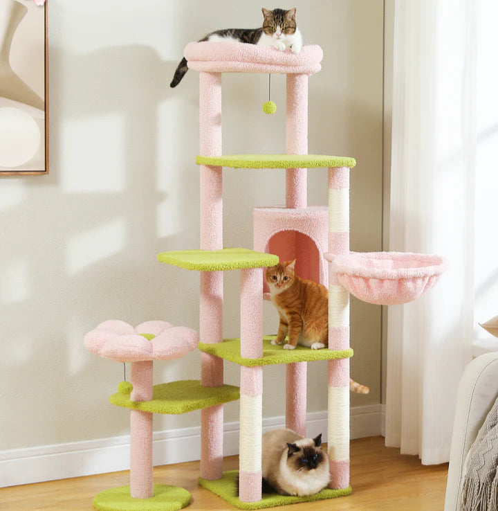 Cat tree with multiple levels and a cat on each level in a room setting.
