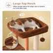 Cat resting on the large 40 by 40 cm padded top perch with raised edges on a wooden cat tree