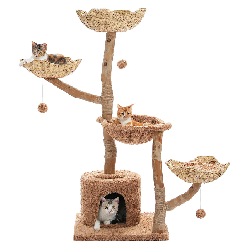 150 cm natural wood cat tower with woven baskets, plush hammock, private condo, hanging toys, and cats