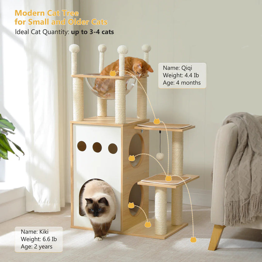 Cat tree with two cats on a light-colored floor in a room with plants and furniture.