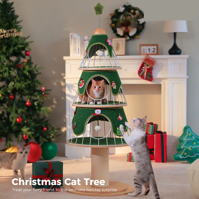 Catopia Co. Christmas-themed cat tree with cats interacting in a festive living room setting.