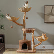 Natural wood cat tree with three woven basket beds, a plush hammock, private condo, sisal scratching areas, and cats relaxing at different levels