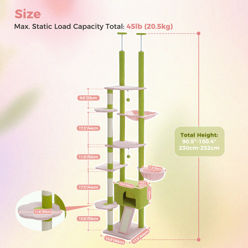 Green and white cat tree with dimensions and load capacity on a light pink background