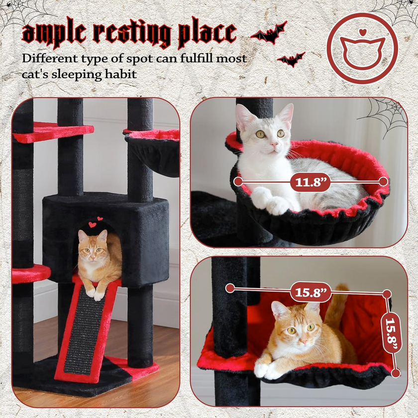 Cat tree with red and black cushioned platforms and measurements, featuring two cats on the tree.
