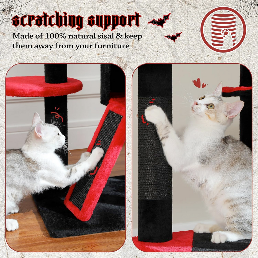 Cat scratching post with red and black design, featuring a cat using it.