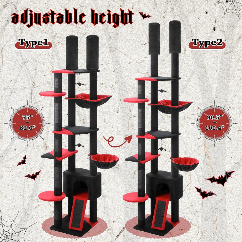 Two adjustable height cat trees with red platforms on a spider web background.