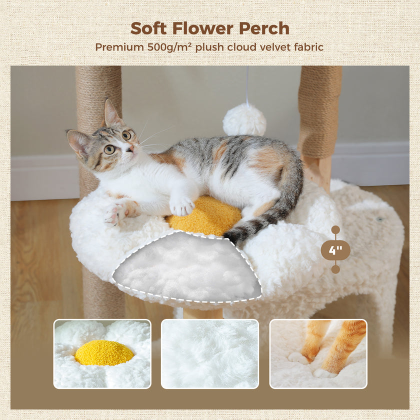 Cat lounging on a soft flower perch with plush velvet fabric, featuring close-up details.