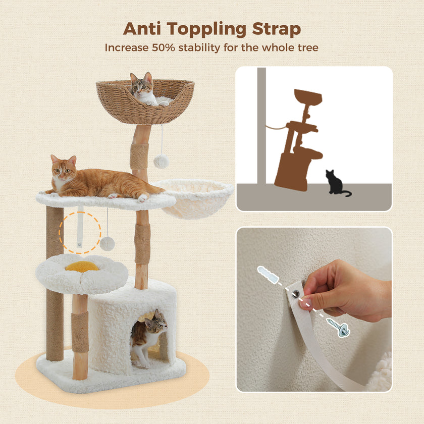 Cat tree with anti-toppling strap feature and cat using the tree.