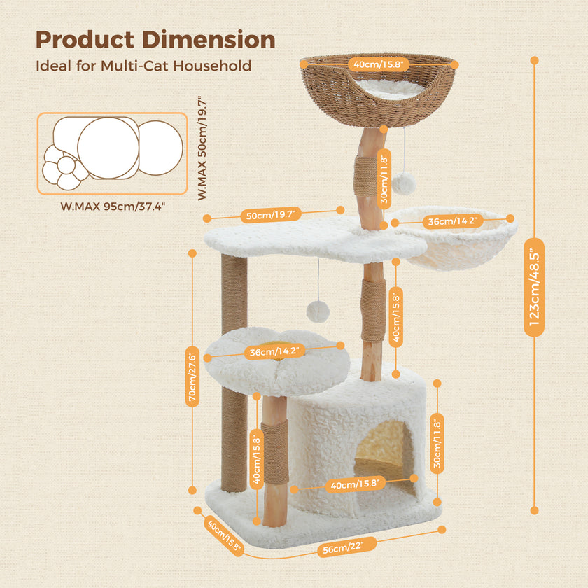 Measurement chart of a multi-level cat tree with dimensions on a beige background