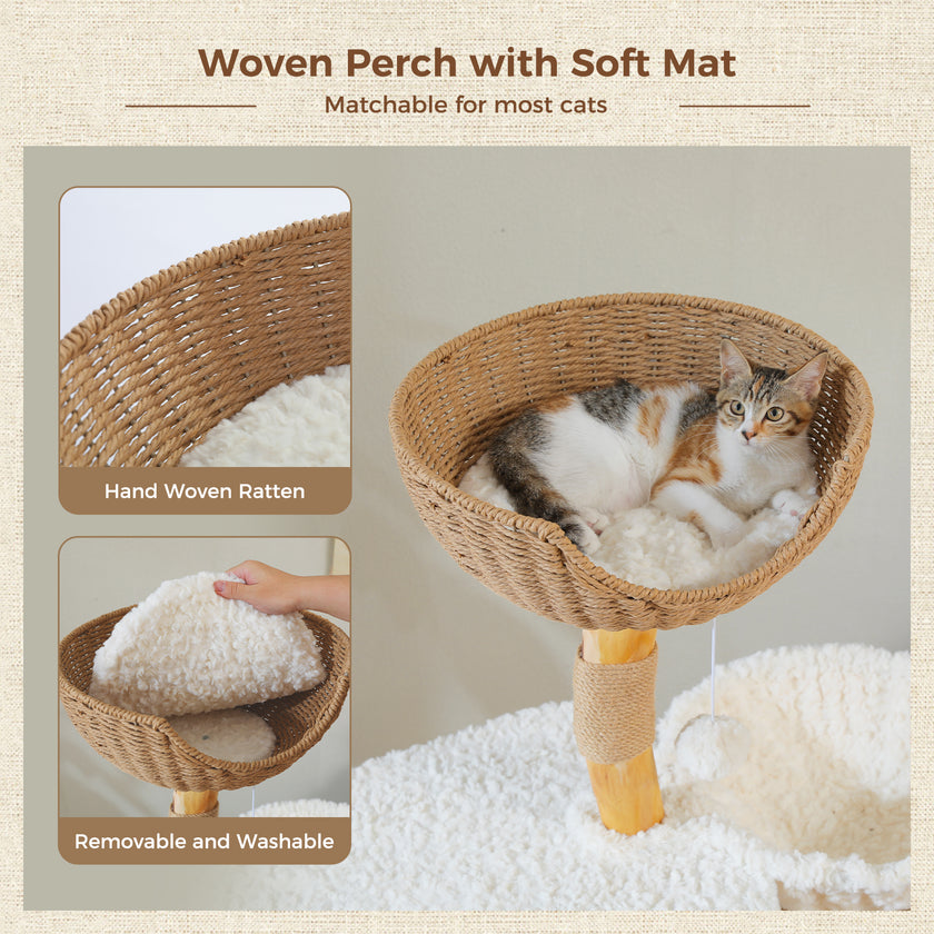 Woven perch with soft mat for cats, featuring hand-woven ratten and removable washable mat.
