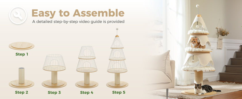 Step-by-step assembly guide for a pet tree with a completed setup in a living room. White Christmas tree themed holiday cat tree