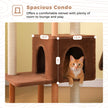 Large double-entry condo on a 135 cm wooden cat tree, with a cat relaxing inside the soft brown hideaway