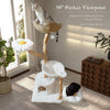 Cat tree with multiple levels and a cat sitting on top, in a room with a window and plants.