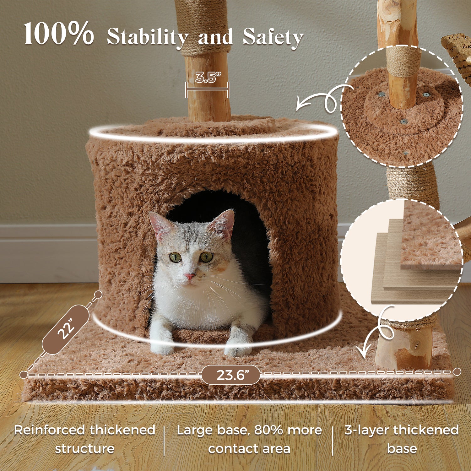Close-up of the wide reinforced base and plush private condo on a natural wood cat tree