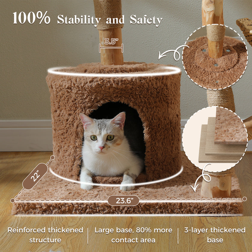 Close-up of the wide reinforced base and plush private condo on a natural wood cat tree