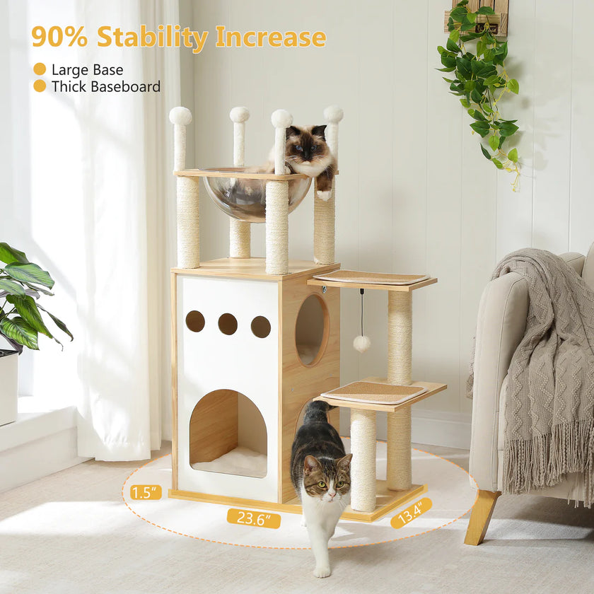 Cat tree with stability increase features in a room setting