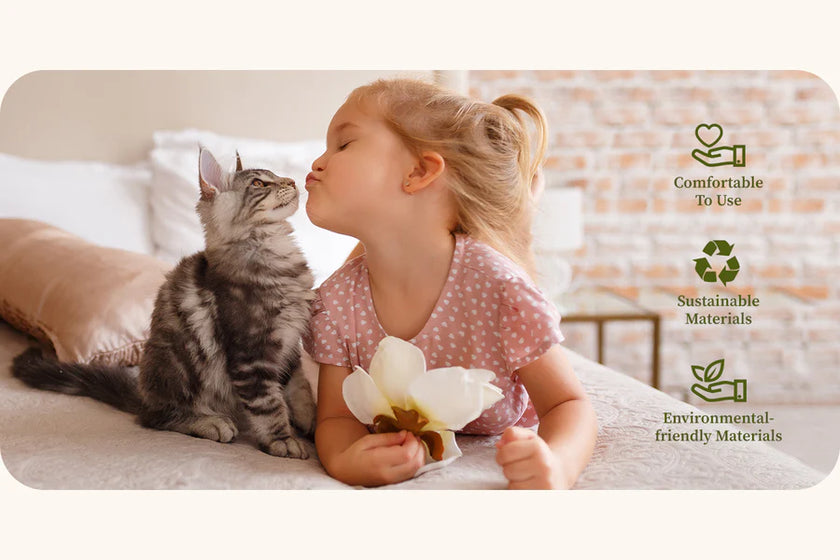 Child with a cat and a flower, with sustainability icons and text overlay.