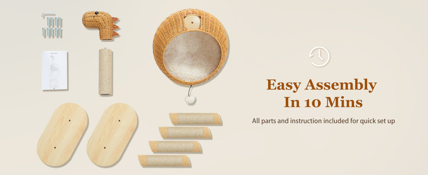 Wooden product components with assembly instructions on a beige background