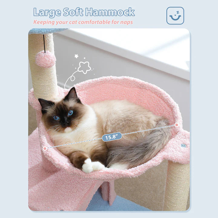 Cat lounging in a pink soft hammock with text indicating comfort for naps.