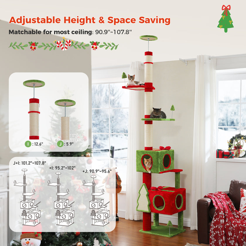 Adjustable floor-to-ceiling Christmas cat tree designed to fit ceilings from 231 to 274 cm high
