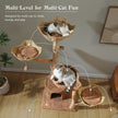 Multi-level natural wood cat tree with three woven basket beds, central hammock, private condo, and climbing routes for cats