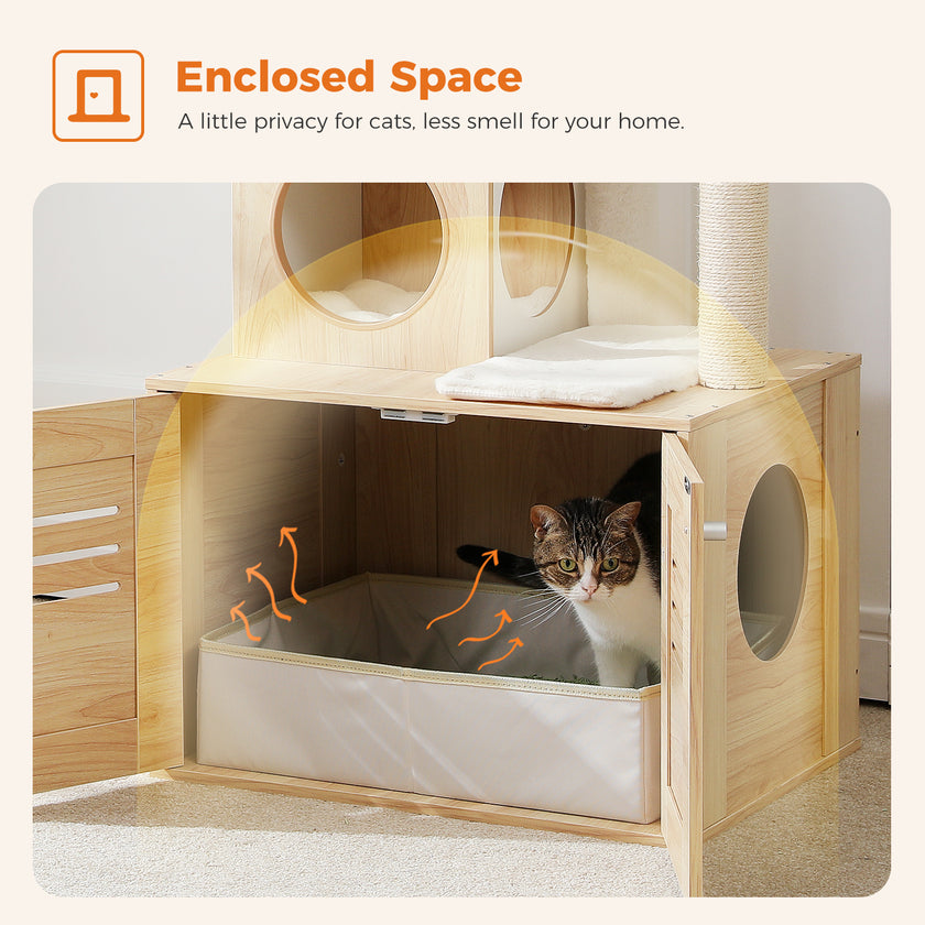 Modern Wooden Cat Tree Tower with Storage Base, Hammock & Dual Condos – Luxury Cat Furniture Canada