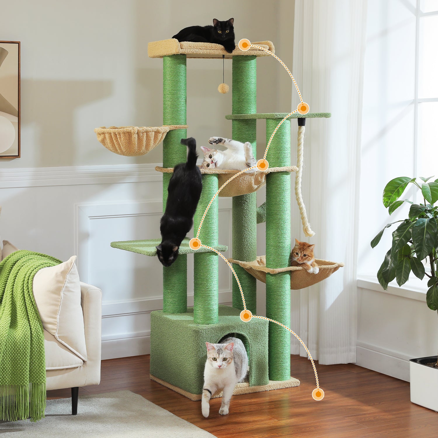 Tall Green Cat Tree Tower with Thick Sisal Posts & Multiple Hammocks – Modern Cat Furniture Canada | Catopia Co.