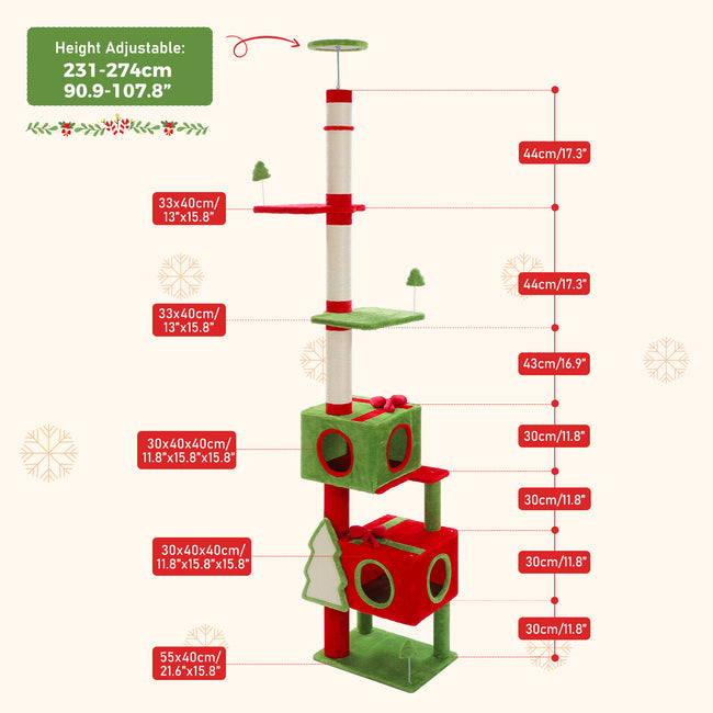 Adjustable floor-to-ceiling Christmas cat tree for 231 to 274 cm ceilings with two gift-box condos, sisal posts, platforms, and a 55 × 40 cm base