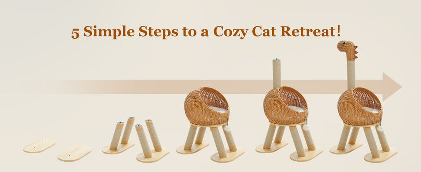 Cat furniture with text '5 Simple Steps to a Cozy Cat Retreat!' on a beige background