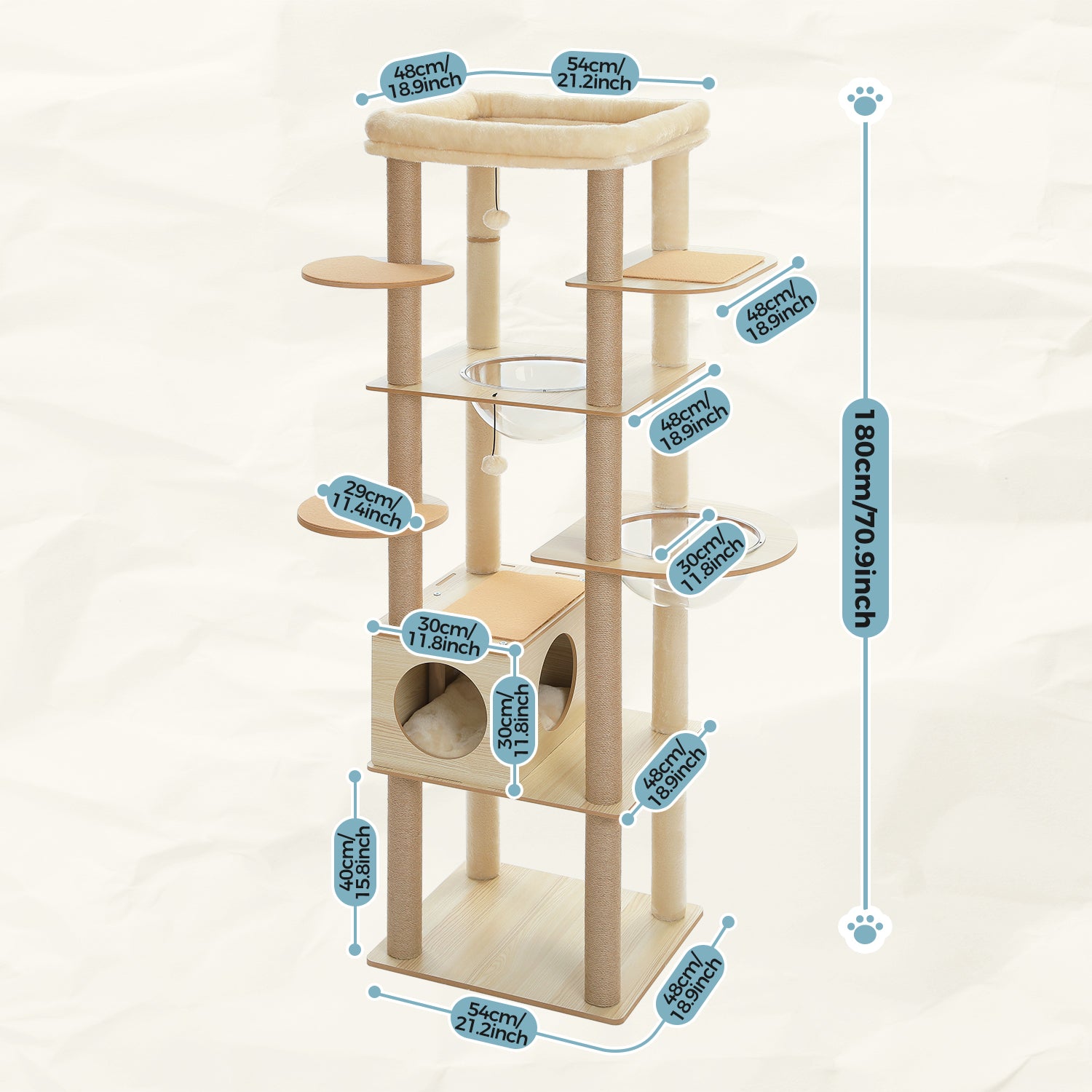 Modern Beige Wooden Cat Tree Tower with Acrylic Bowl & Cozy Top Bed – Luxury Cat Furniture Canada | Catopia Co.